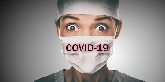 Covid 19 Coronavirus Text Written Over Doctor Surgical Face Mask Asian Woman Hospital Worked Scared Shocked By Corona Virus Pandemic Worried. Title On Background.